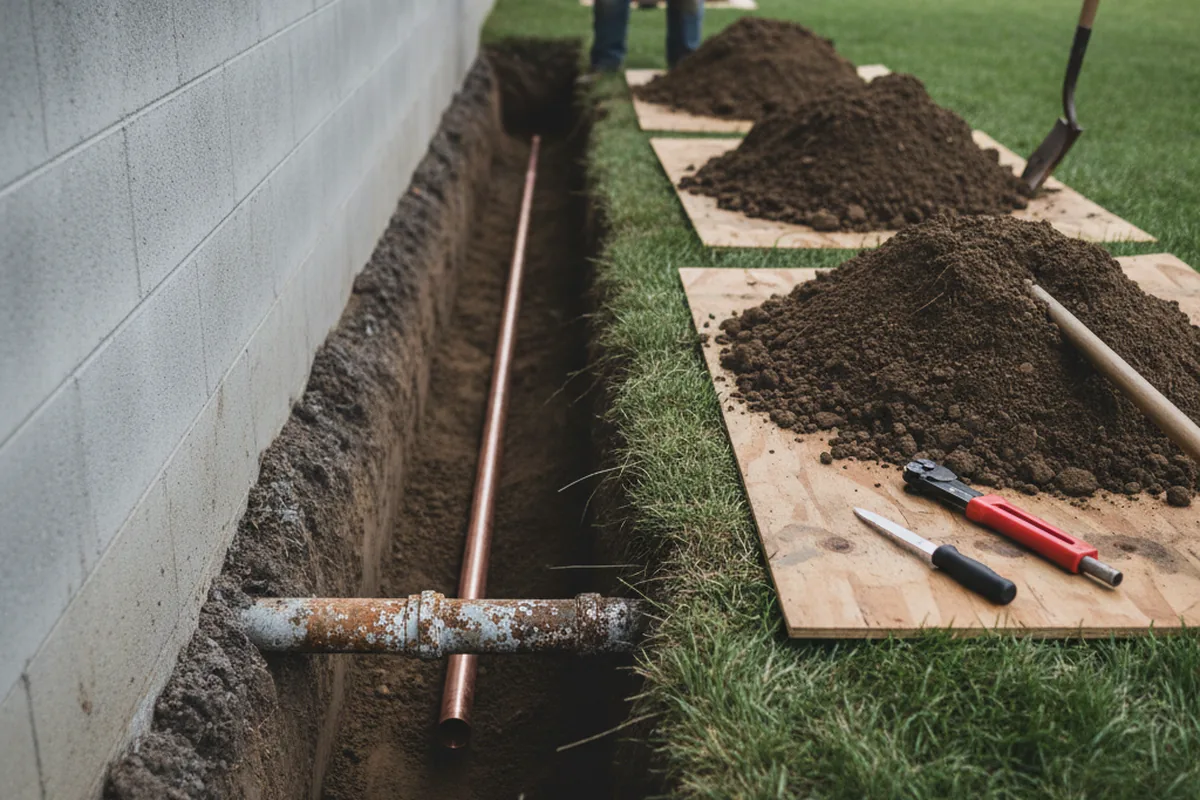 Excavated water line trench during Sewer Line Repair in Orosi